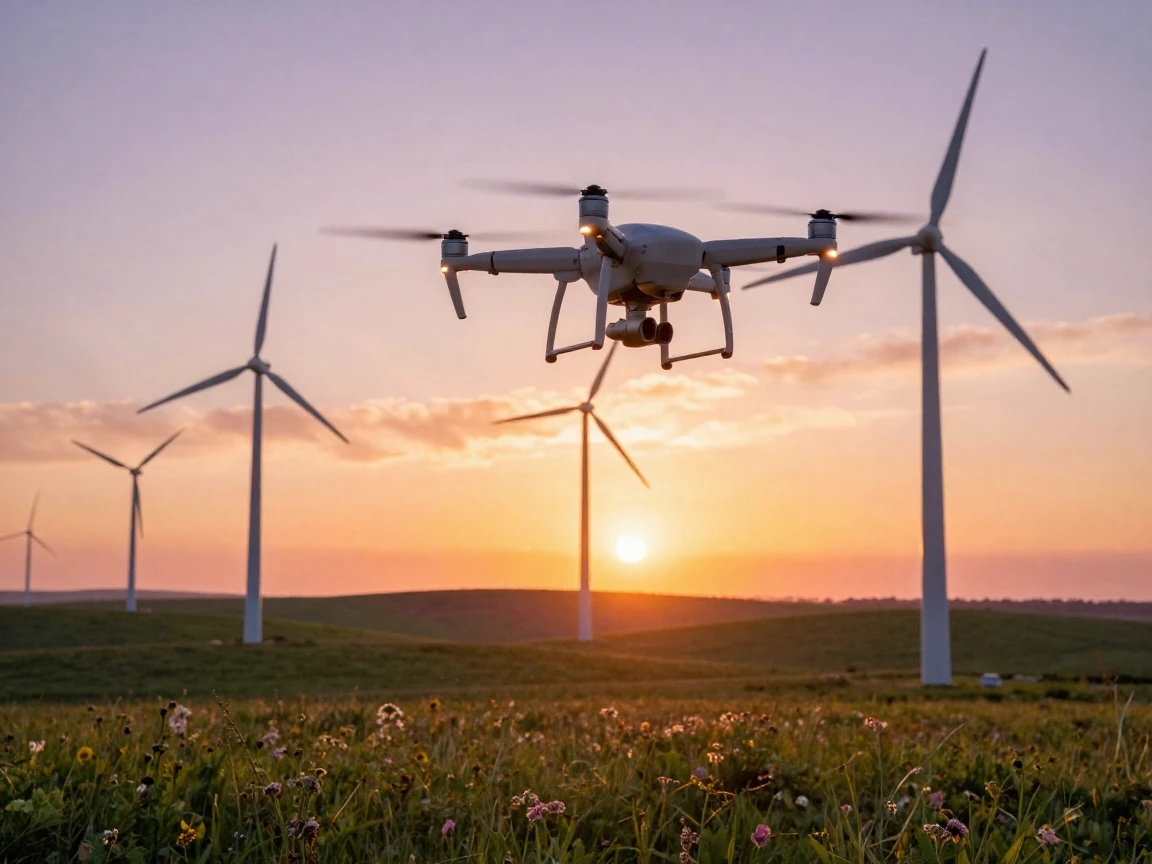 A drone hovering above a vibrant field of wind turbines at sunset