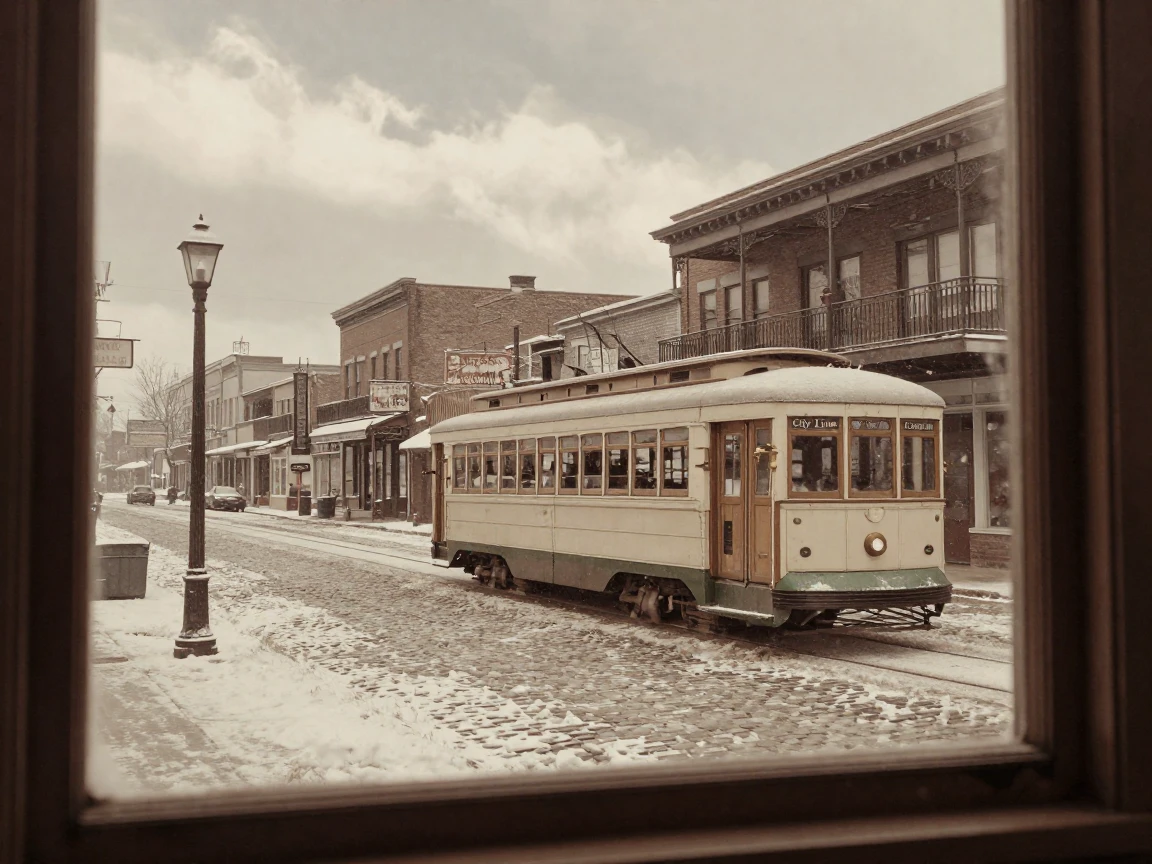 An old tram rattling through a historic city district, under a pale winter sky, under scattered clouds, under the first snow of winter, with a soft sepia-tinted glow, viewed from across the room.