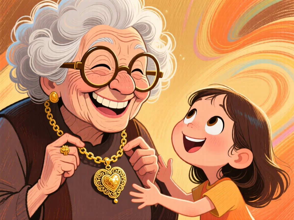 A grandmother passing down a family heirloom necklace to her granddaughter.
