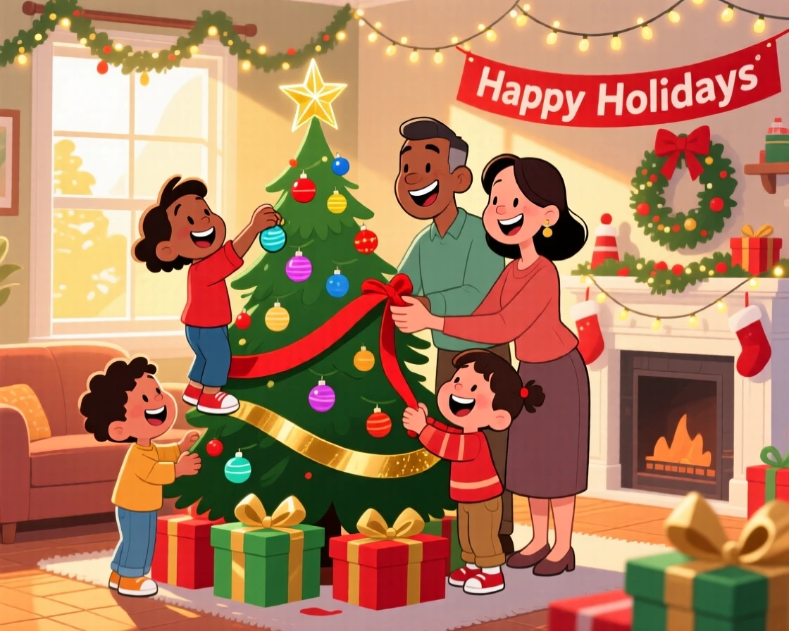 A heartwarming scene of a blended family decorating the house together for the holidays, as golden sunlight streams through the window.