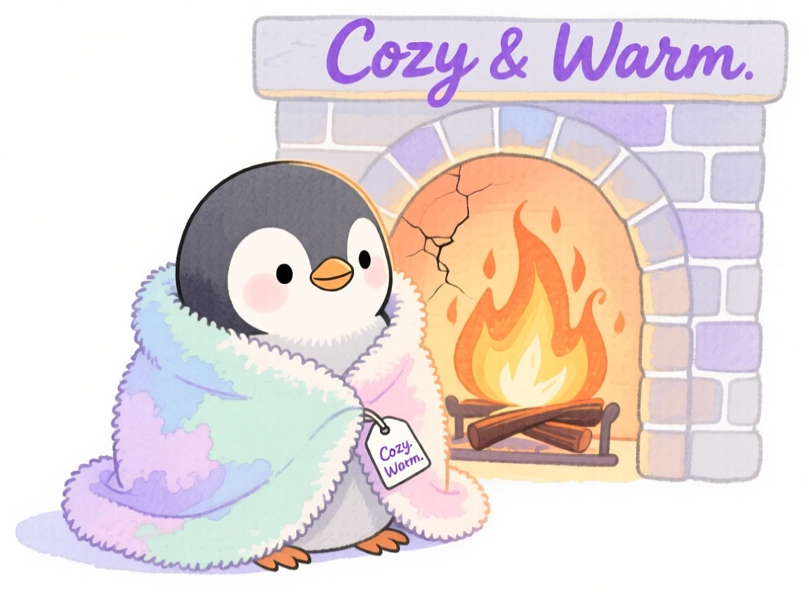 A penguin chick wrapped in a soft blanket by a fireplace
