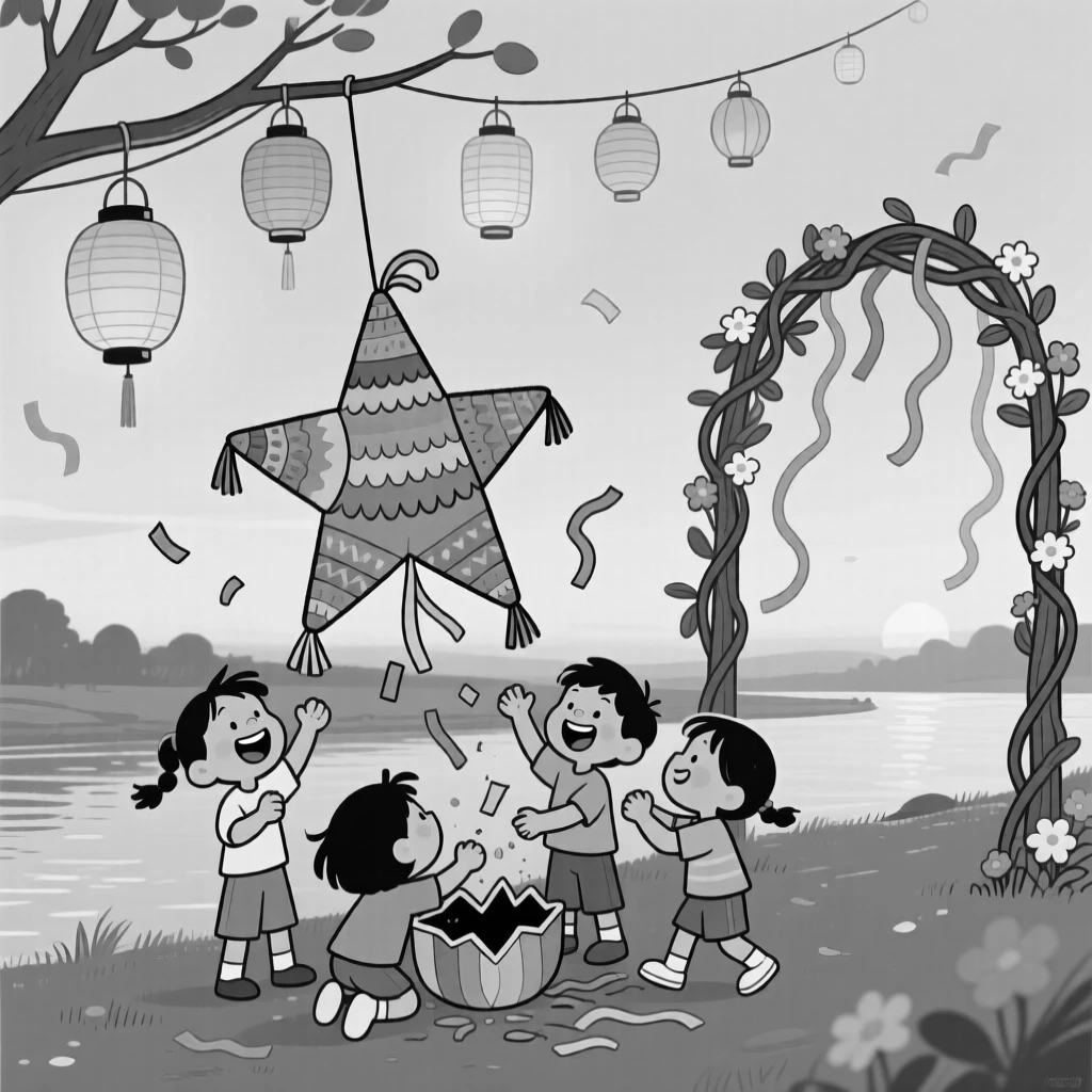 Children breaking open a colorful piñata, letting the lanterns bob gently on the evening breeze, set beside a riverbank at twilight. Paper streamers flutter from a nearby archway. It captures the warmth of celebration shared across generations.