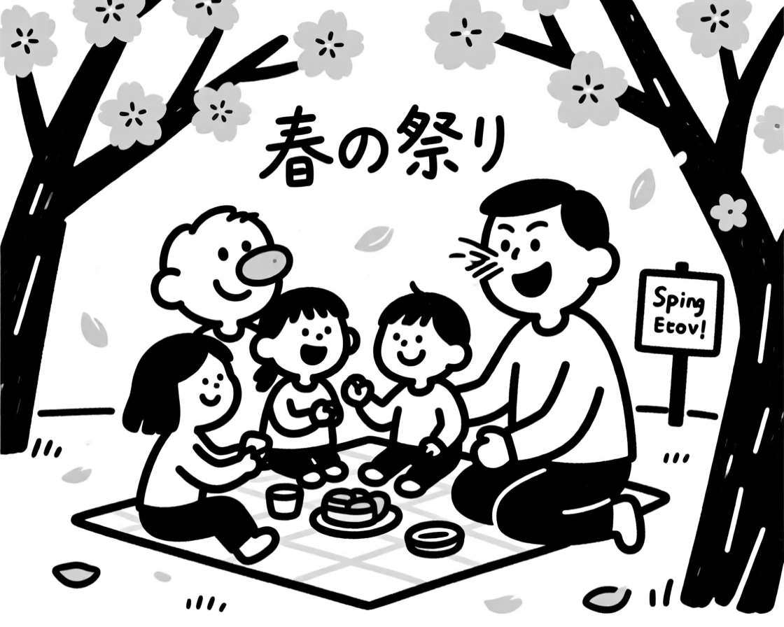 A spring cherry blossom festival with a family having a picnic under pink blooms.