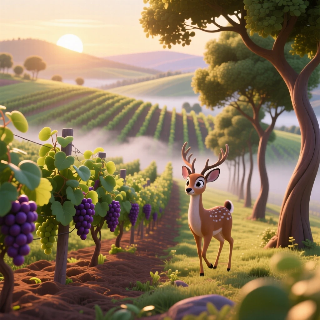 A rolling hillside of vineyards glows while a soft mist rolls gently across the ground, with a single deer pausing at the tree line. The atmosphere feels fresh, alive, and untouched.