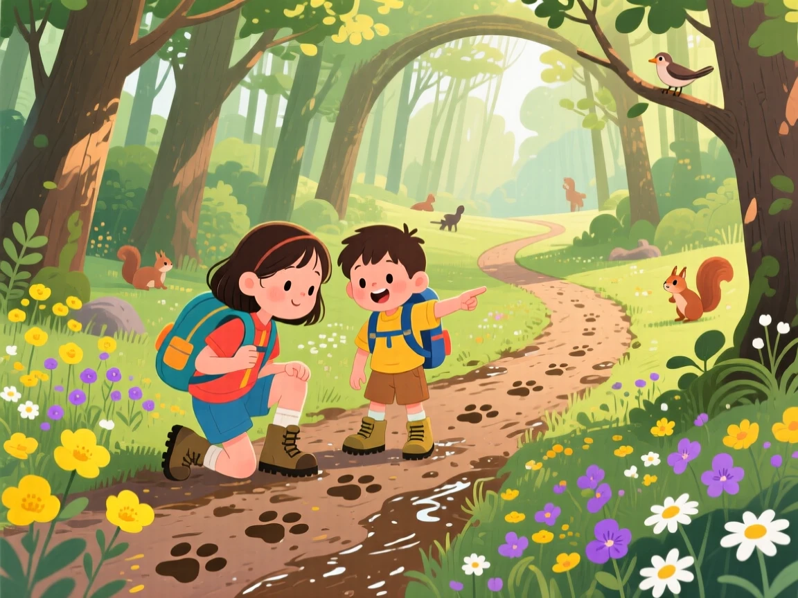 A pair of hiking siblings pauses while following a trail of paw prints in the mud in a winding forest path, as wildflowers sway in the breeze.