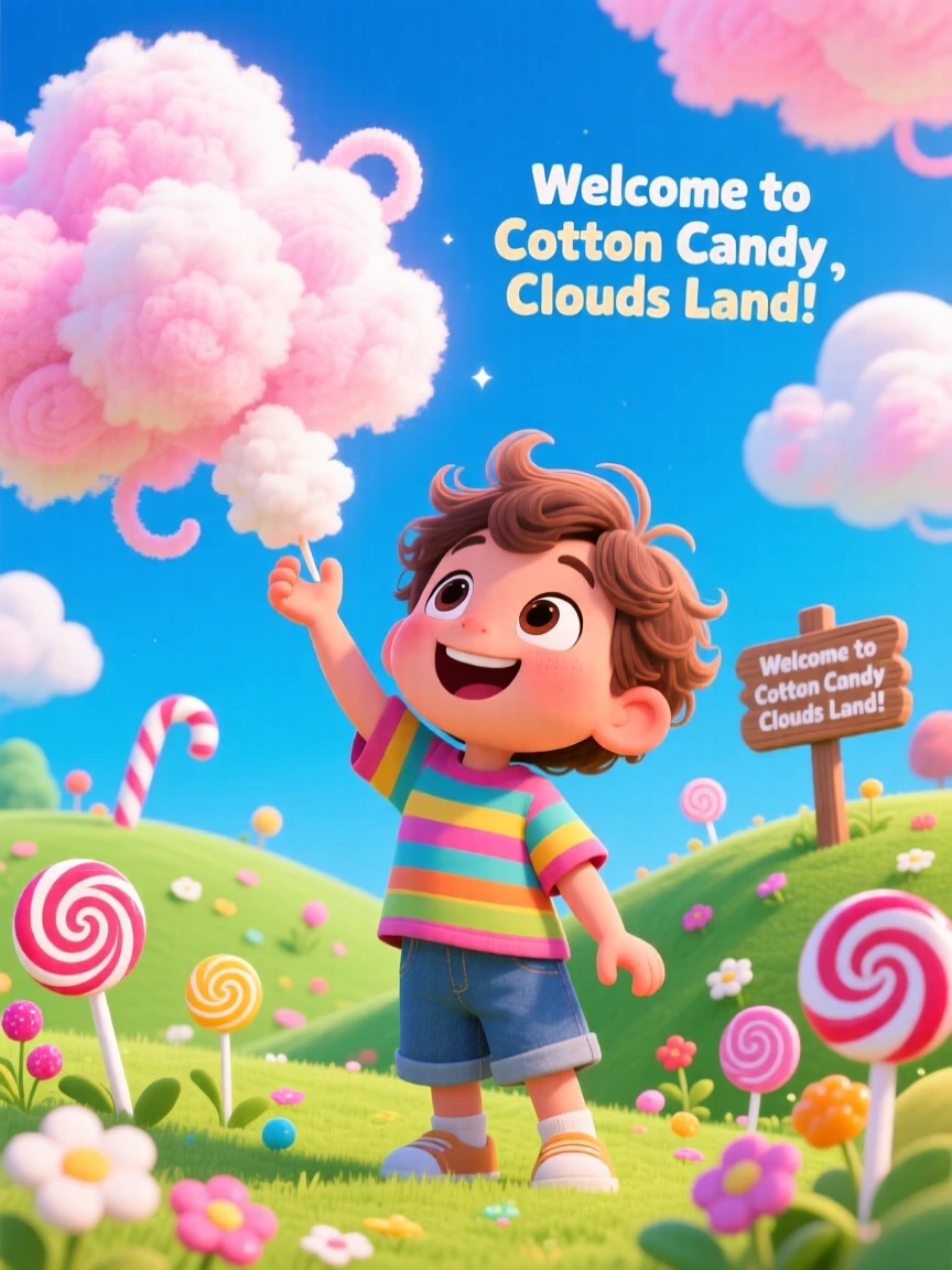 A child drawing a world where clouds are made of cotton candy.