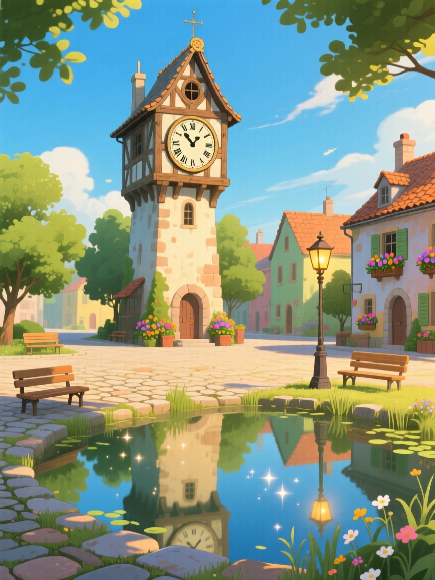 A charming view of a clocktower rising above a quiet village square, reflected perfectly in a still nearby pond.