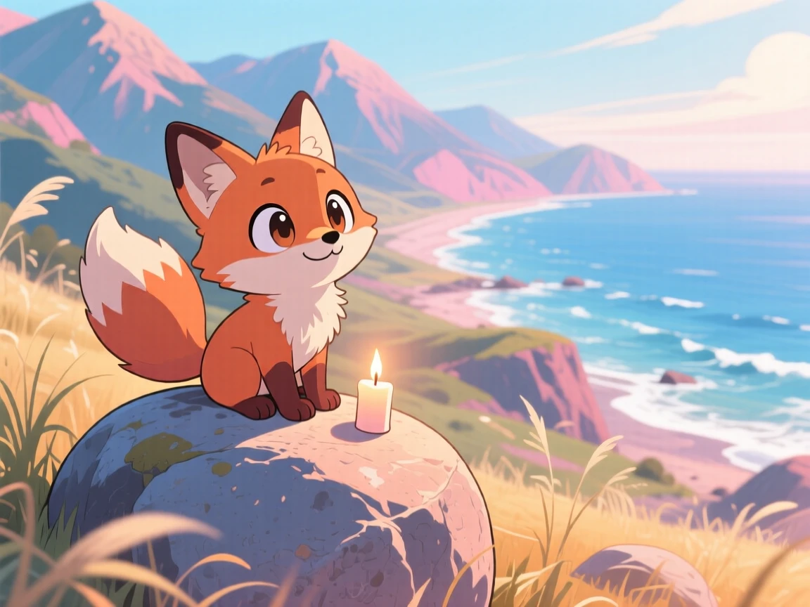 A curious fox sitting atop a boulder overlooking a valley, framed as a dynamic diagonal composition within a sweeping mountain vista, on a breezy coastal afternoon, glowing under gentle candlelight, evoking brave confidence.