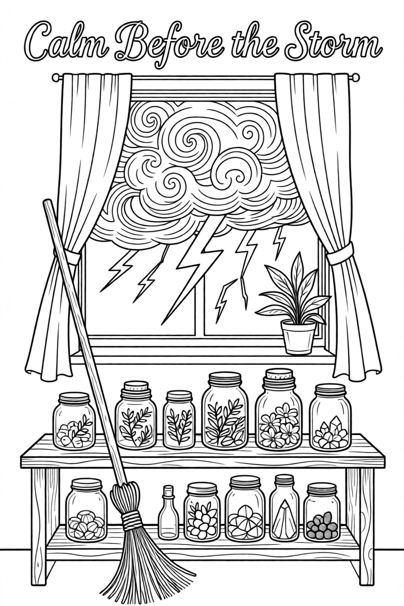 A broomstick leaning against a shelf of glass jars, with a storm gathering ominously overhead.