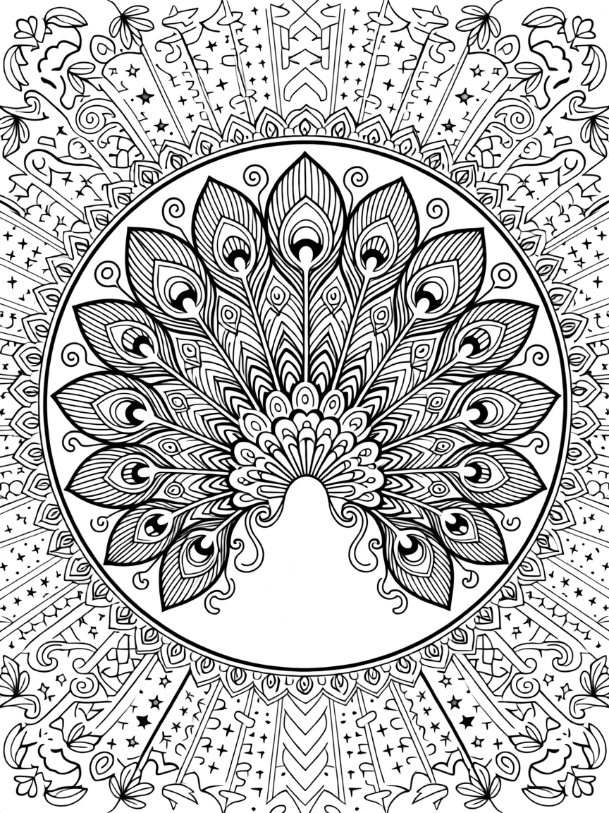 A mandala shaped like a peacock's full fanned tail from above.
