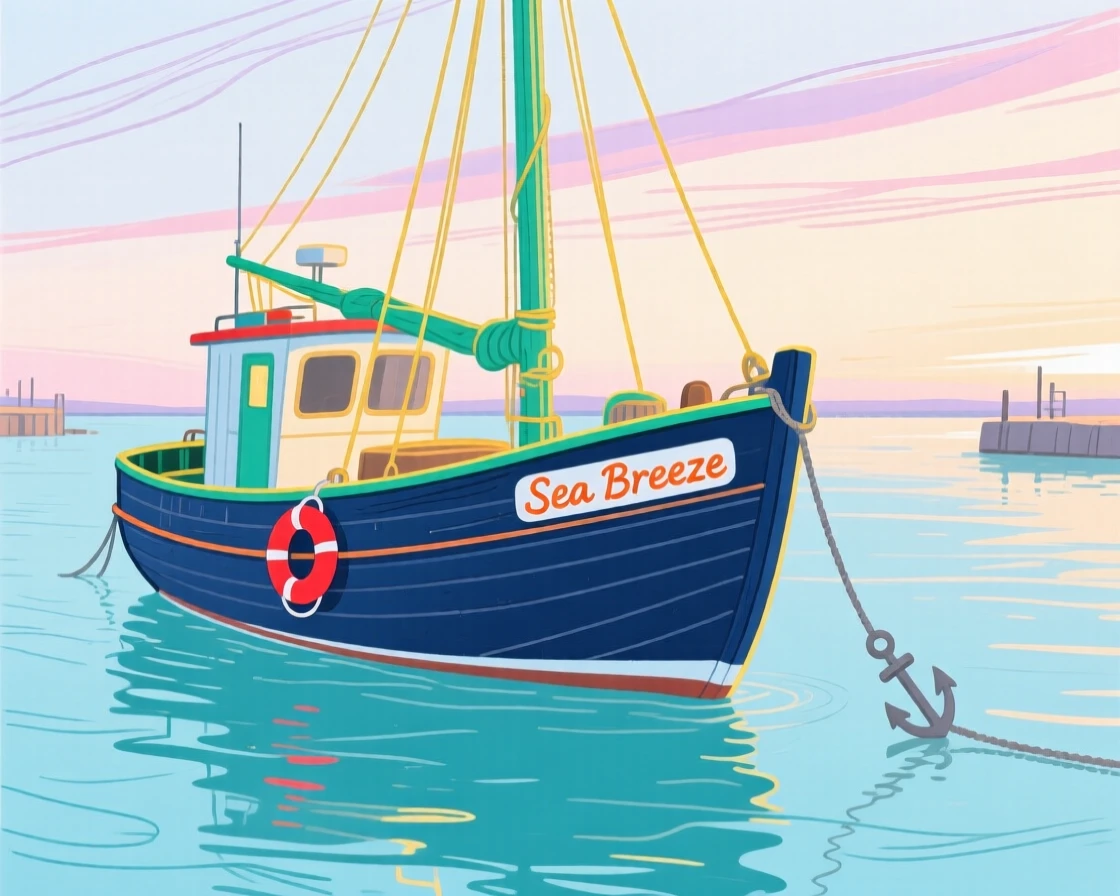 A small fishing boat anchored in a calm harbor at dawn.