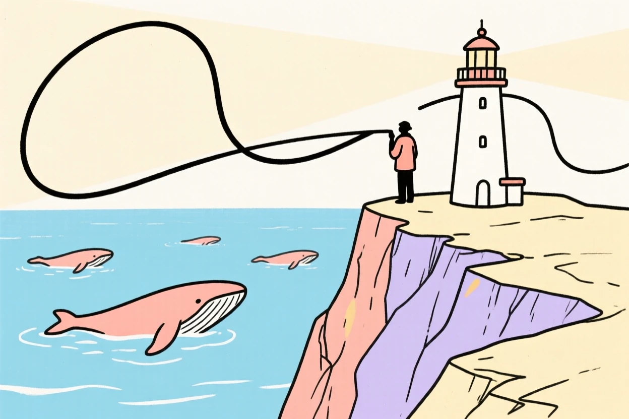 A lighthouse keeper watching a pod of whales from a rocky cliff.