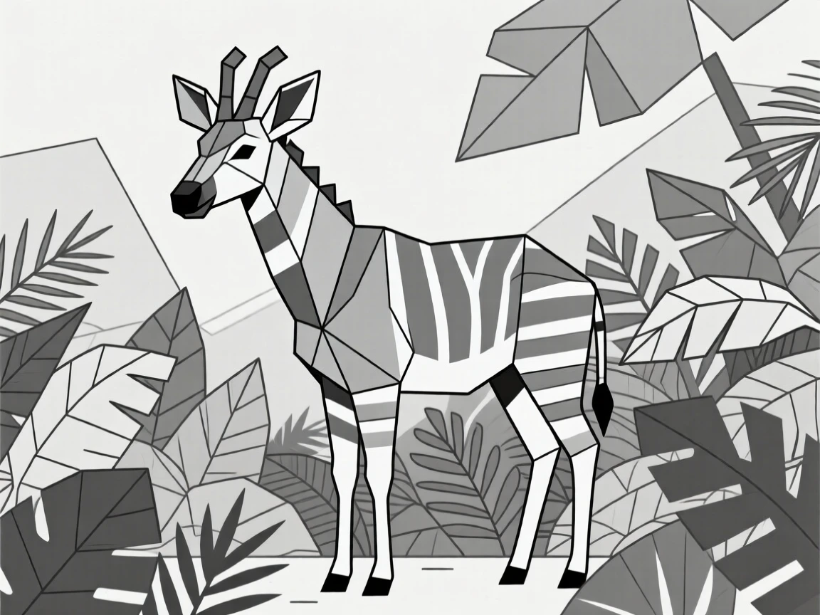 A okapi standing among dense jungle leaves