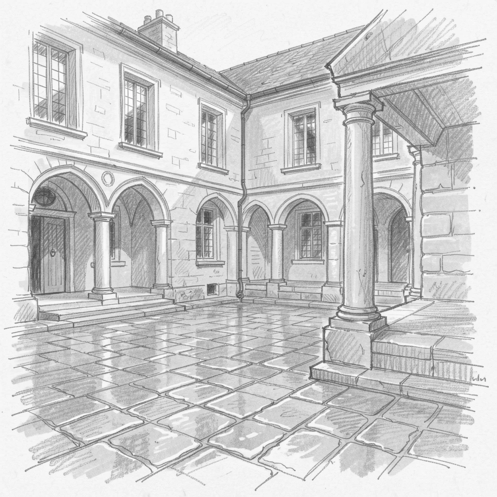 Sweeping architectural view of a quiet monastery courtyard, bathed in warm afternoon light, with cobblestones glistening after rain.