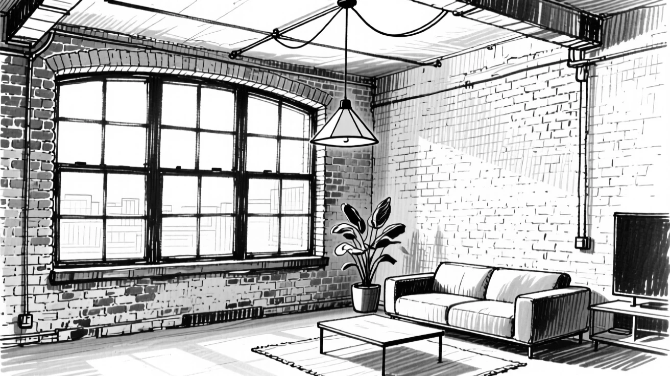 A modern loft apartment with industrial windows and exposed brick walls.