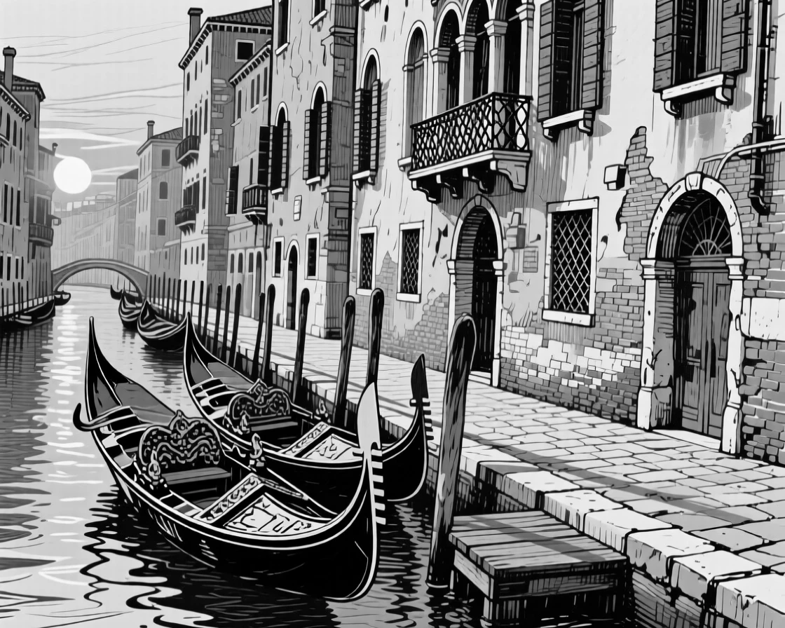 A venetian canal lined with gondolas at golden hour with long shadows, featuring arched windows catching the light, rendered in a rich with history architectural composition.