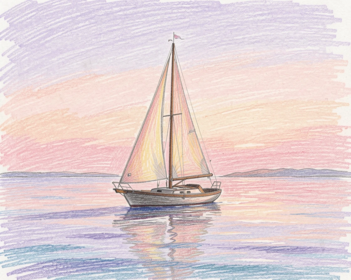 A single sailboat drifting on calm waters beneath a pastel sunset, framed to draw the eye toward quiet, open space, capturing a gentle sense of hope and renewal.
