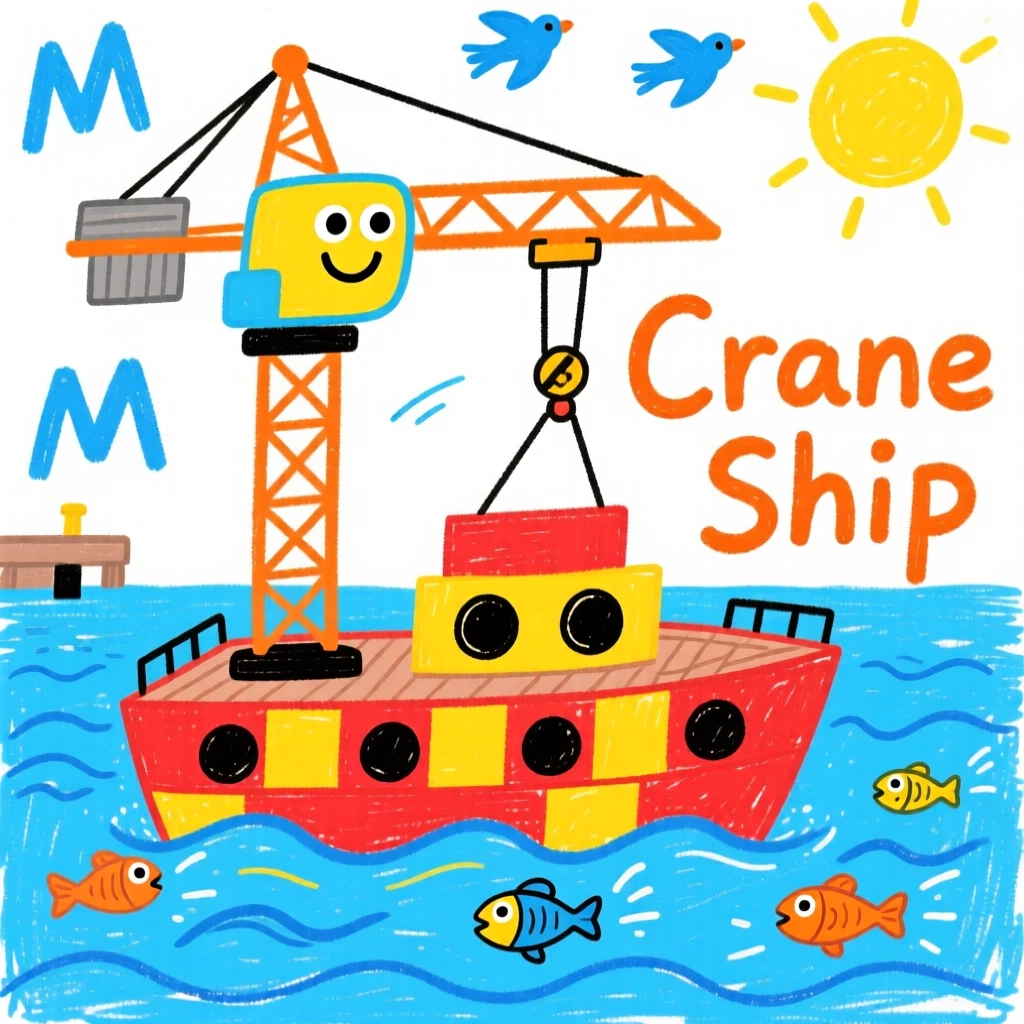 A bustling construction crane sailing across a calm blue harbor.