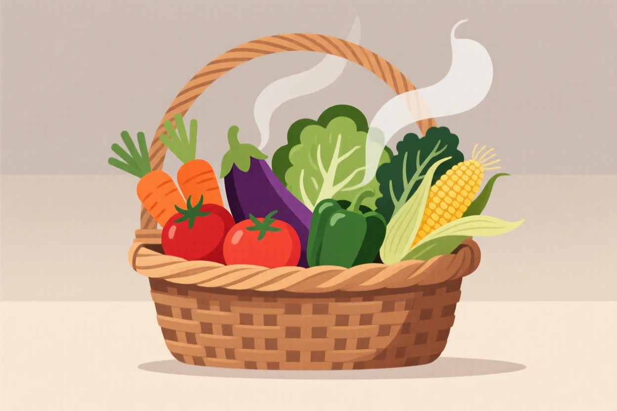 A weekend farmers market basket filled with colorful vegetables, set against a backdrop of neutral, calming tones, arranged with balanced symmetry and calming negative space, with subtle steam rising to add a warm, lived-in feel.