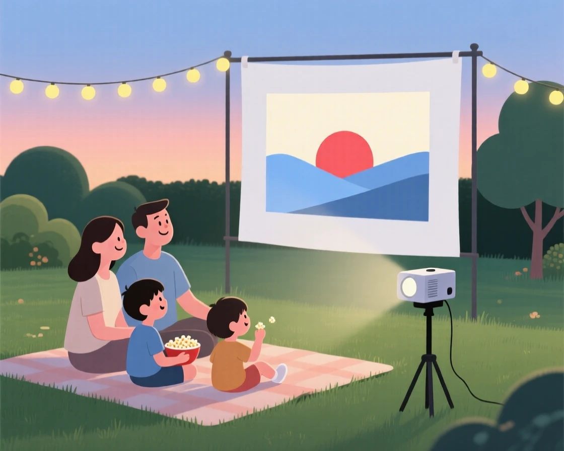 A family watching a movie together in the garden.