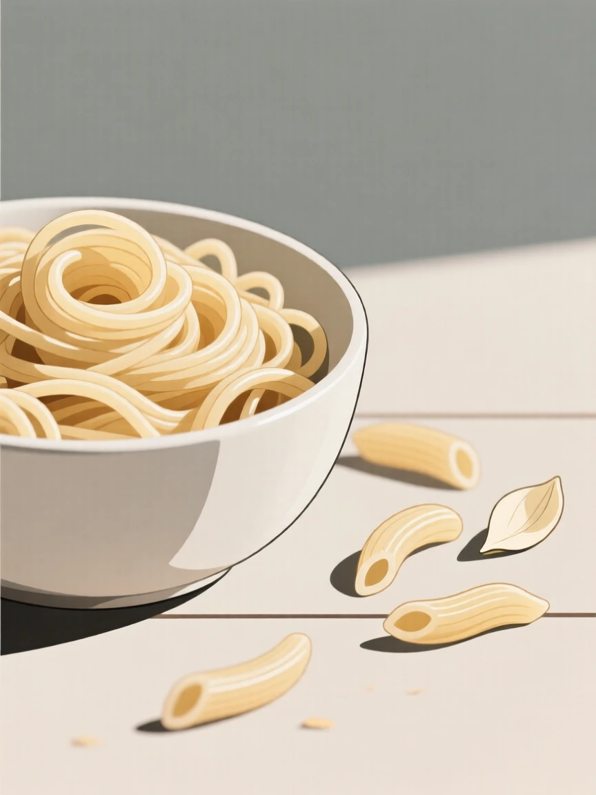 A close-up of bowl of creamy pasta arranged beside scattered flower petals in a cozy breakfast nook, full of fresh vibrance.