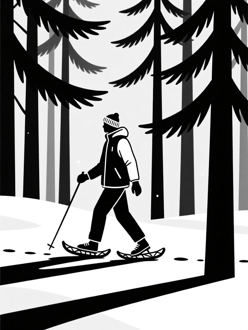 A snowshoer trekking through a quiet winter forest.