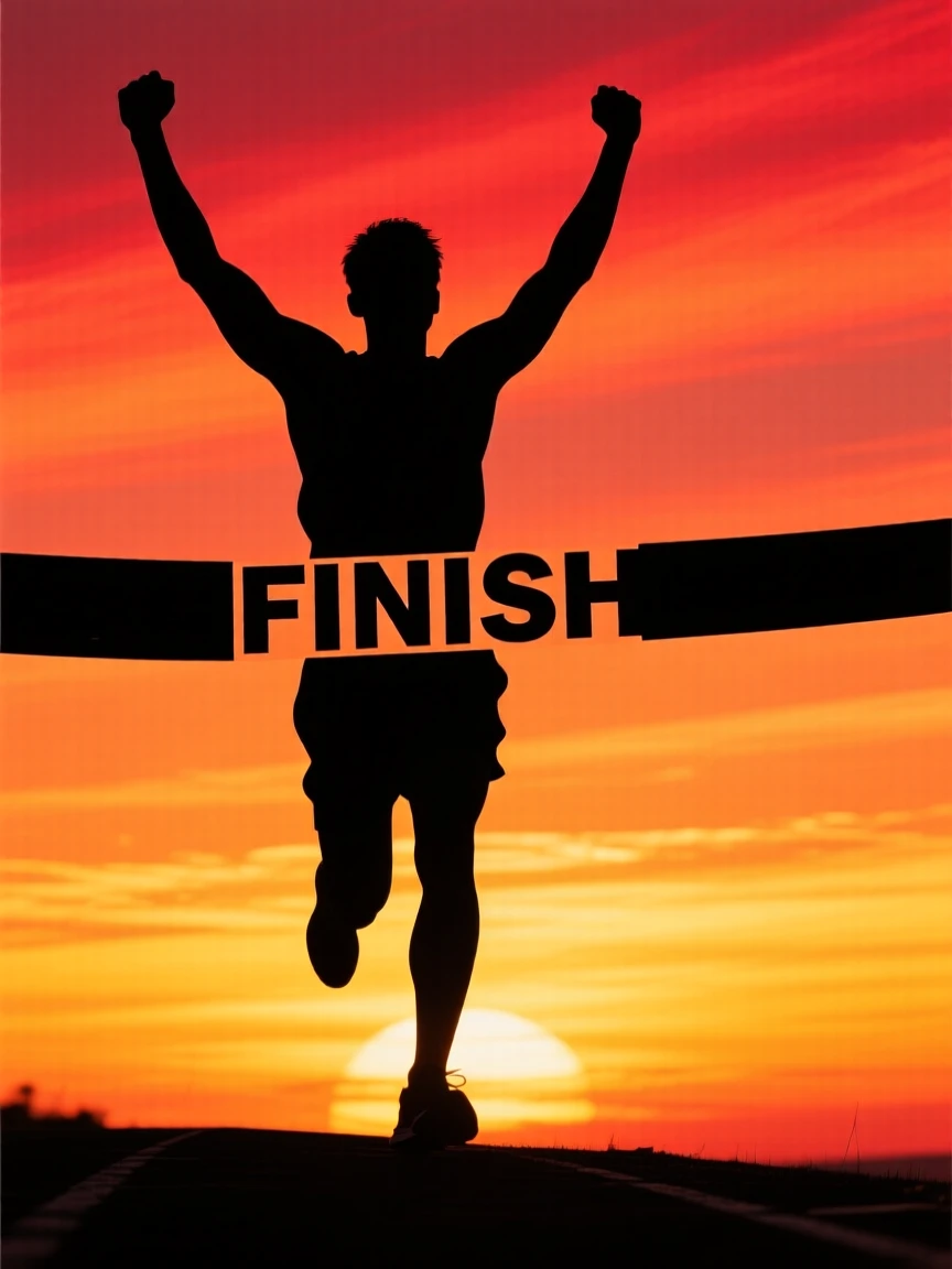 A runner crossing the finish line, arms thrown up in victory.