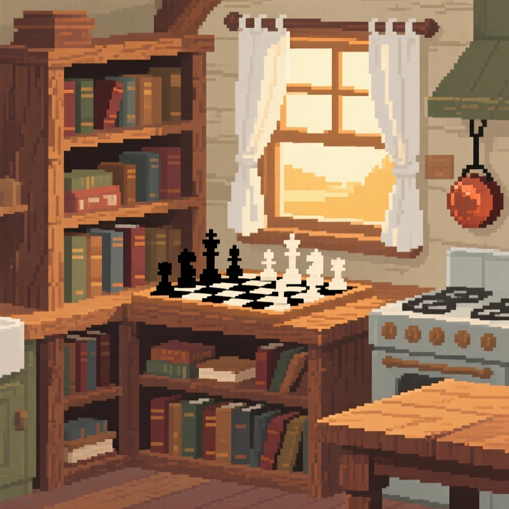 A bookshop corner topped with a chessboard mid-game, in a farmhouse kitchen at sunrise.