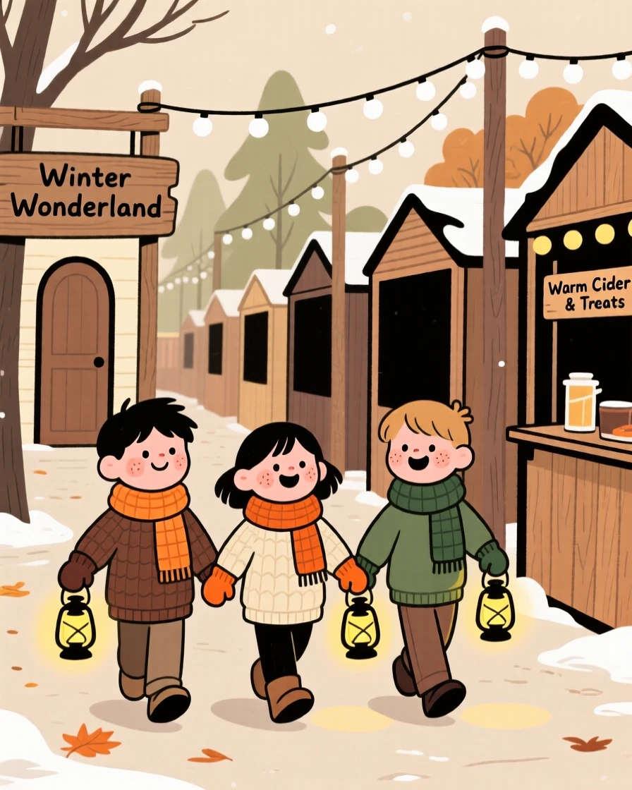 Children in knitted scarves and mittens carry lanterns through a autumn fairground decorated for a winter celebration, giggling at every doorway.
