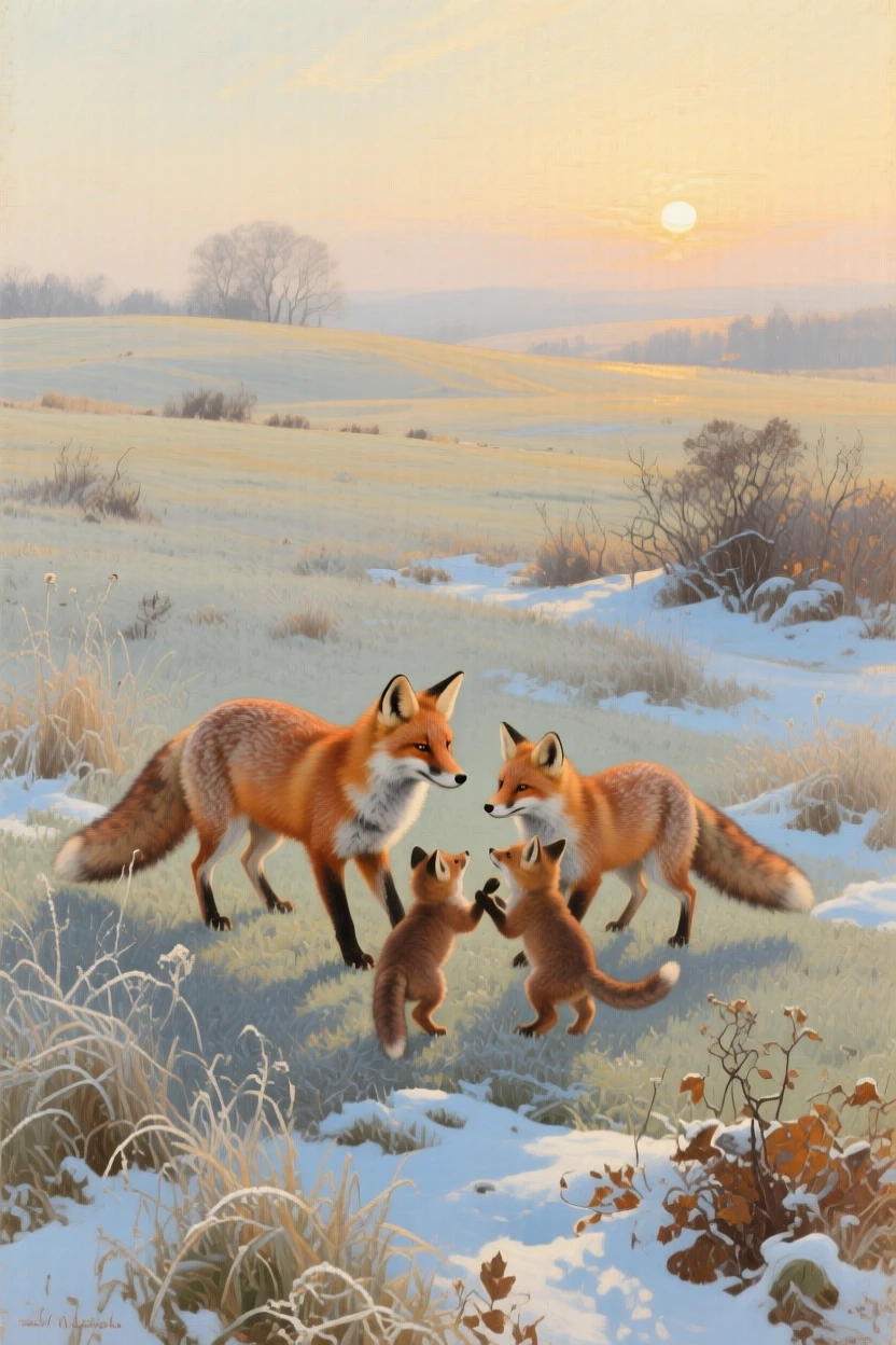 A broad landscape view of a family of foxes playing at the edge of a sunlit meadow, in deep winter, in late afternoon.