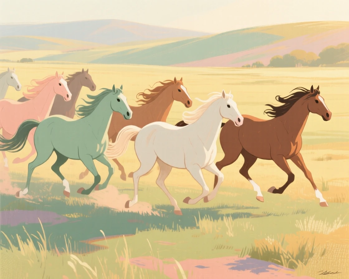 A herd of wild horses galloping across an open plain