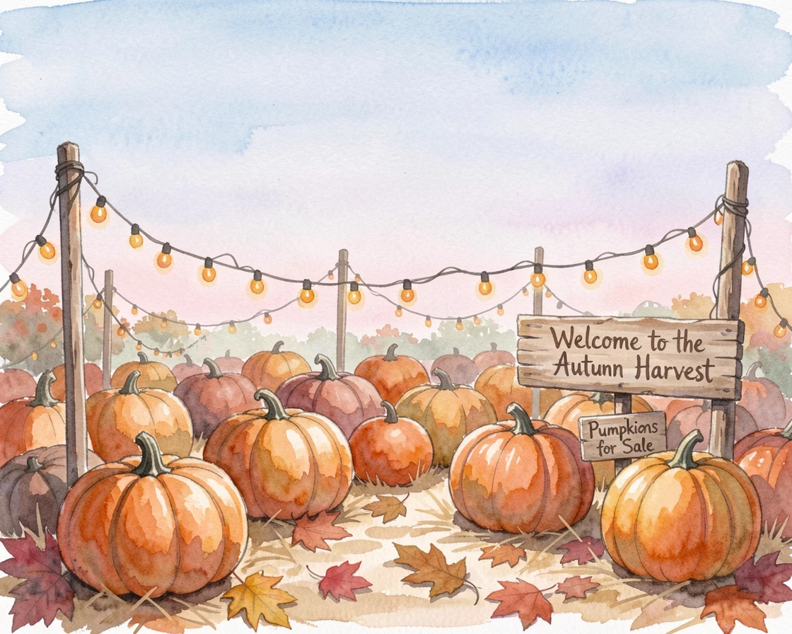 A pumpkin patch under a crisp autumn sky with festive decorations glowing softly.