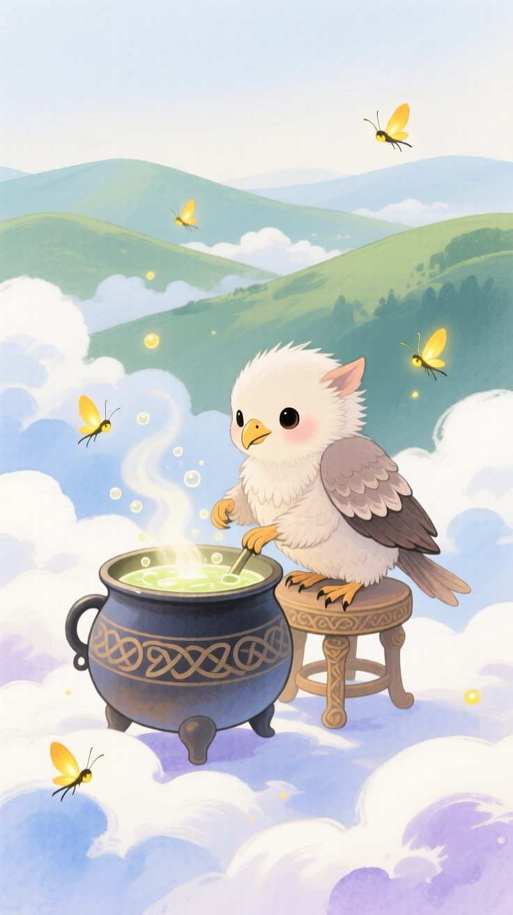 A tiny baby griffin stirs a bubbling potion in a tiny cauldron in a cloud kingdom above the hills, while fireflies swirl through the air