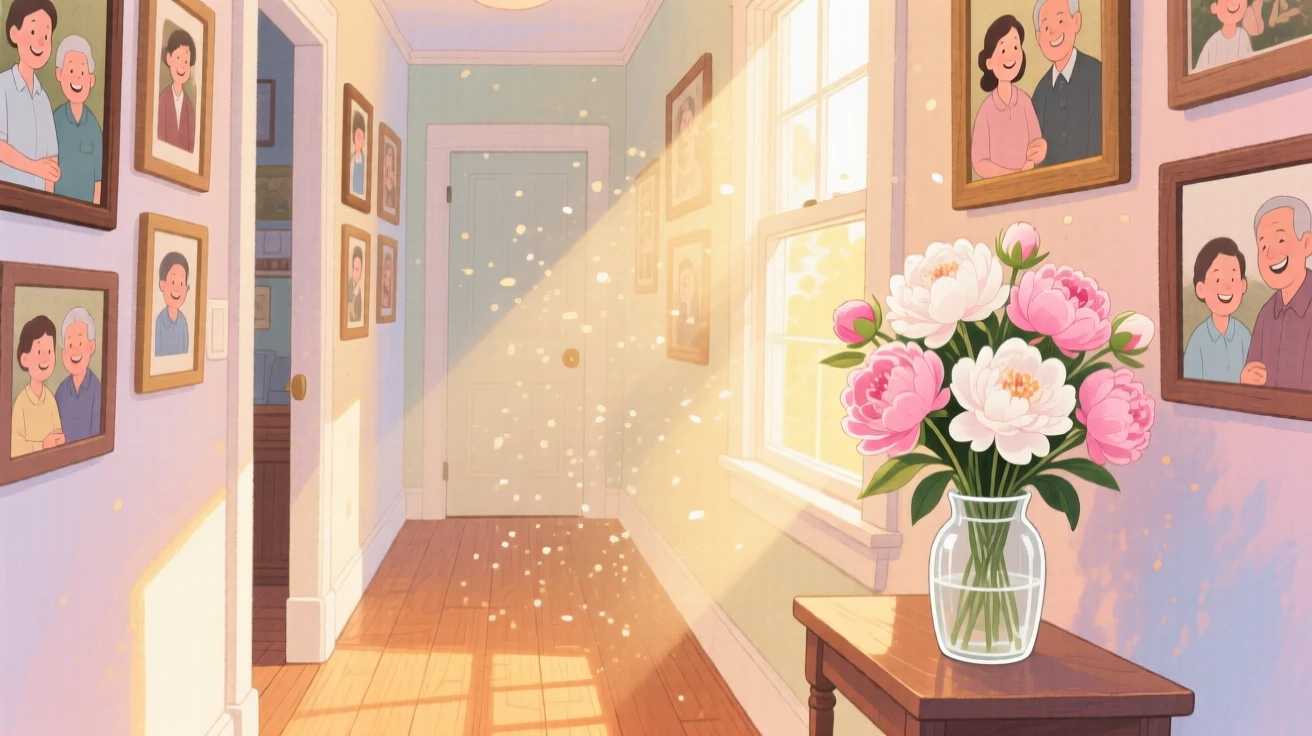 A hallway lined with family photographs and a vase of fresh peonies, with sunlight catching dust motes in the air, inspiring a nostalgic sense of home.