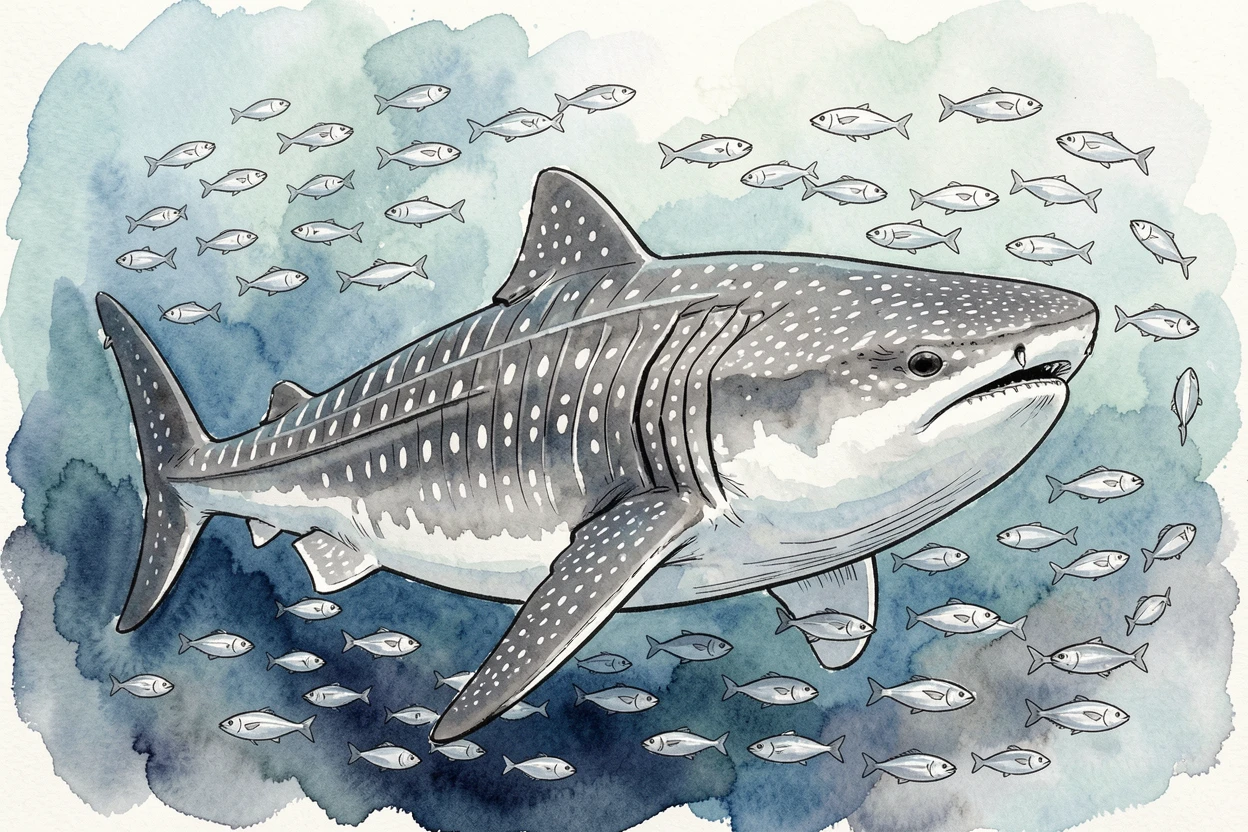A whale shark gliding slowly through a school of small silver fish, the natural world carrying on undisturbed around them.