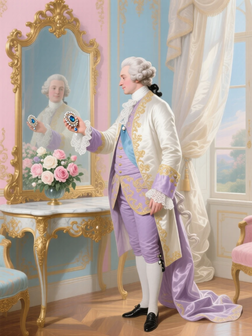 A gentleman presenting a jeweled brooch beside a mirror-lined salon  