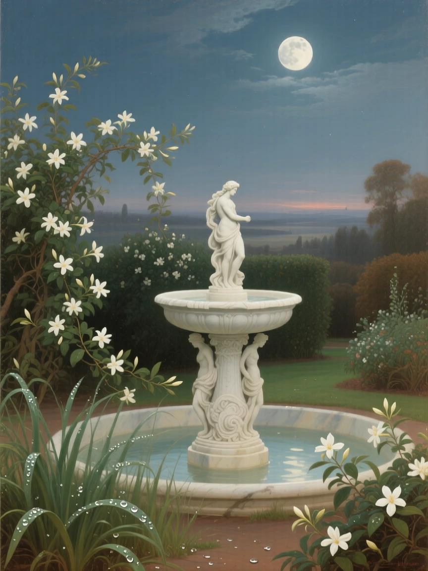 A moonlit garden with a marble fountain and blooming night jasmine stretching endlessly toward a hazy, distant horizon, set beneath an expansive and ever-changing sky, with dew still clinging to blades of grass in the early light; foreground detail frames a sweeping, luminous background, filled with calm, restorative beauty.