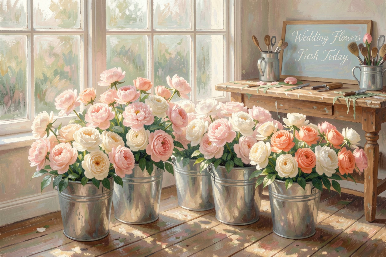 A charming florist's workshop with buckets of roses and peonies arranged for a wedding order.