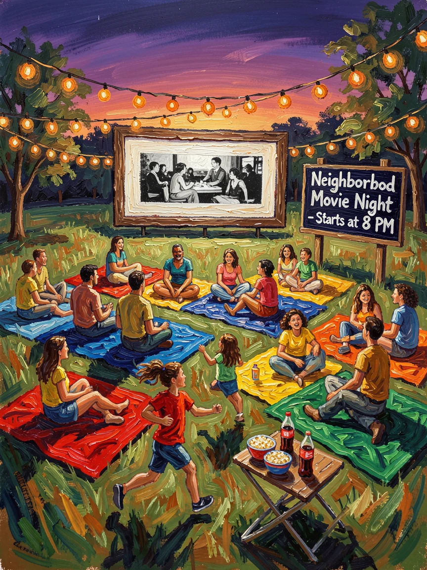 A neighborhood gathering for an outdoor movie night, blankets spread across the grass.