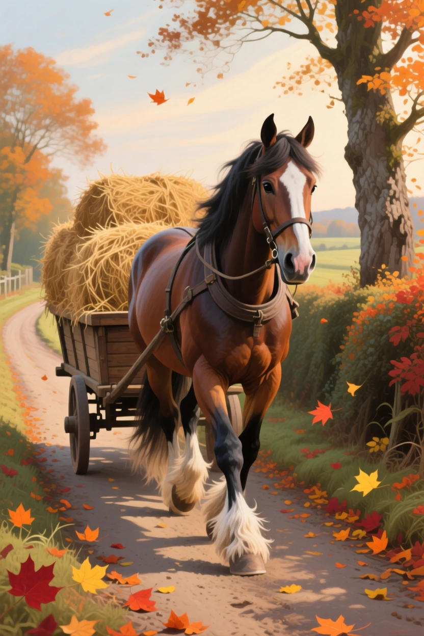 A gentle Shire horse with feathered feet plods along a country lane pulling a cart loaded with hay, autumn leaves drifting across the path, its posture alert yet relaxed, fully at ease within its natural surroundings.
