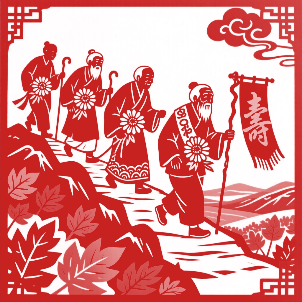A Double Ninth Festival gathering of elders climbing a mountain path with walking sticks, chrysanthemum blossoms tucked into their sashes, a valley of autumn color spreading below