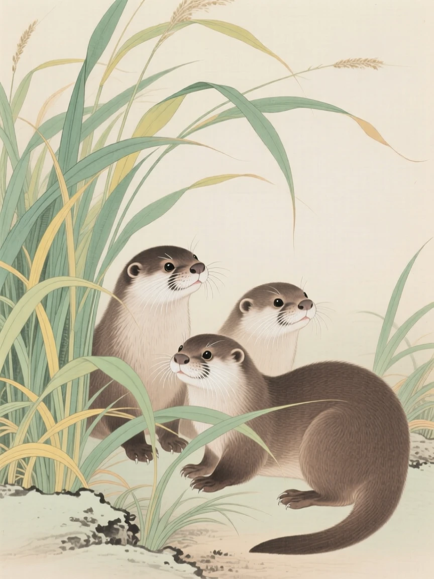 A family of otters peeking out from behind tall grass