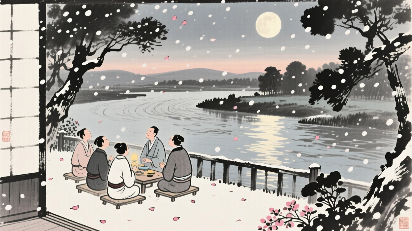 A moon-viewing gathering on a quiet garden terrace beside a slow-moving river at dusk, framed through drifting petals or falling snow for depth, conveying cozy stillness and seasonal wonder.