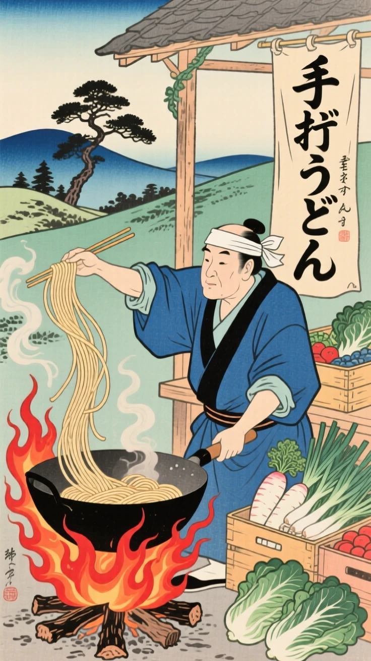 A produce vendor flipping noodles in a wok over roaring flames.