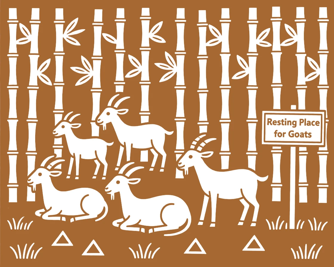 A group of goats resting in a bamboo thicket.