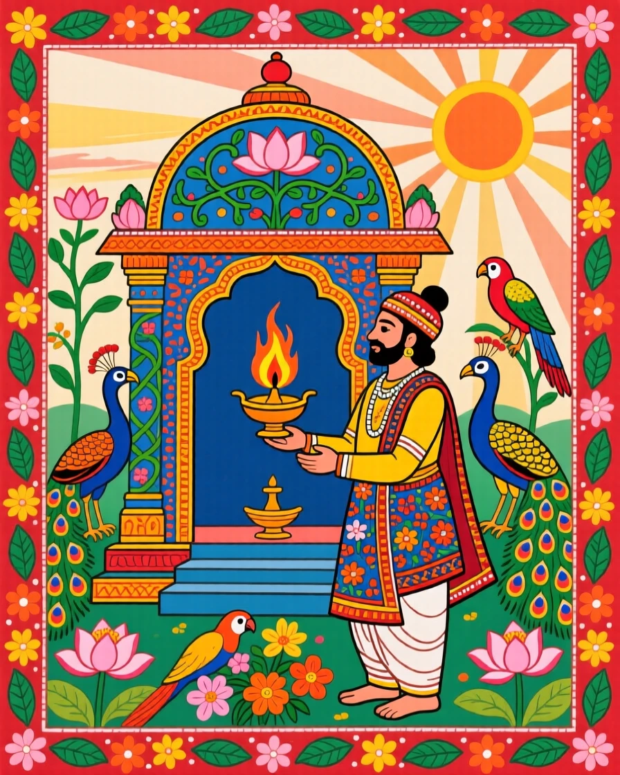 A priest offering flowers and light before a temple shrine at dawn.