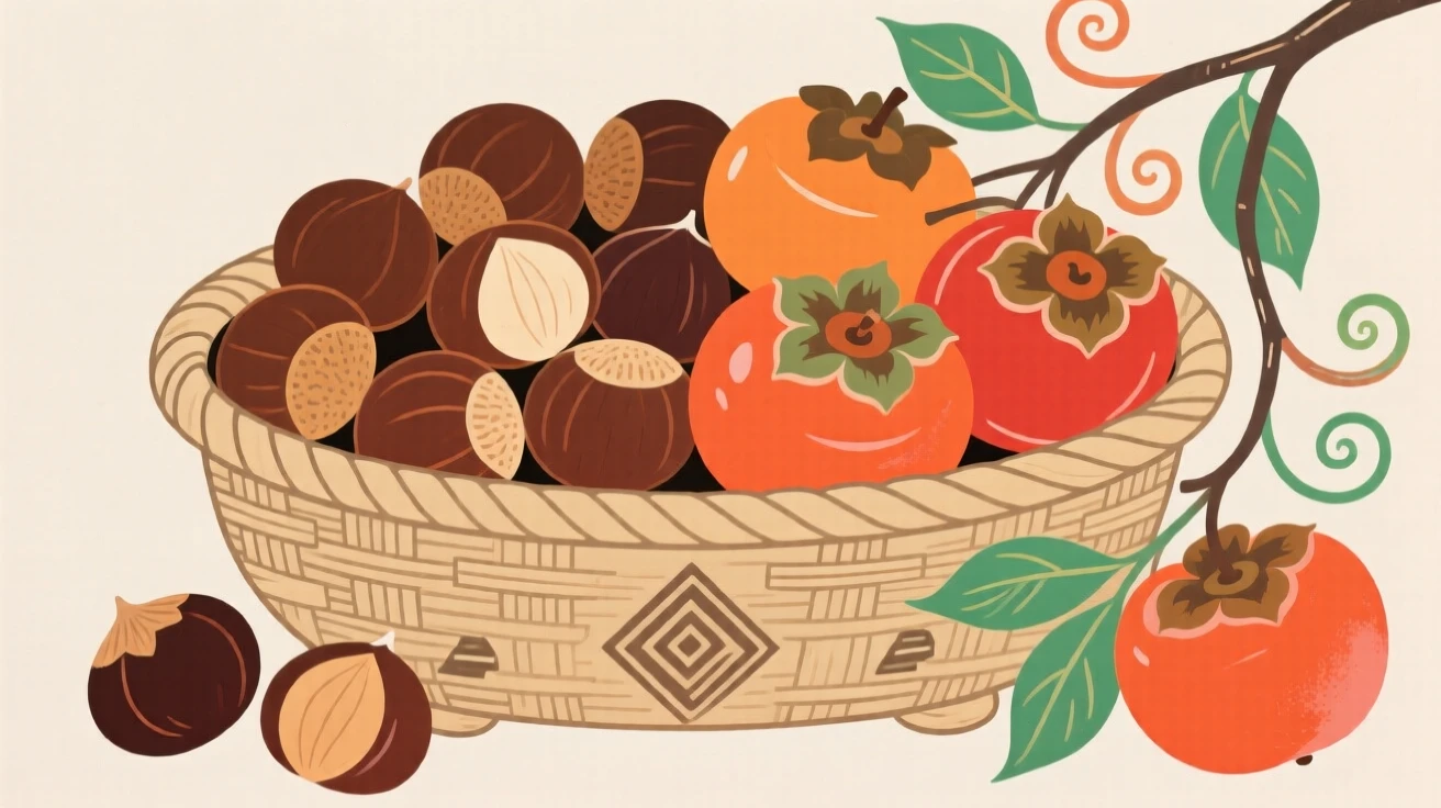 A woven basket overflowing with freshly picked chestnuts and persimmons.