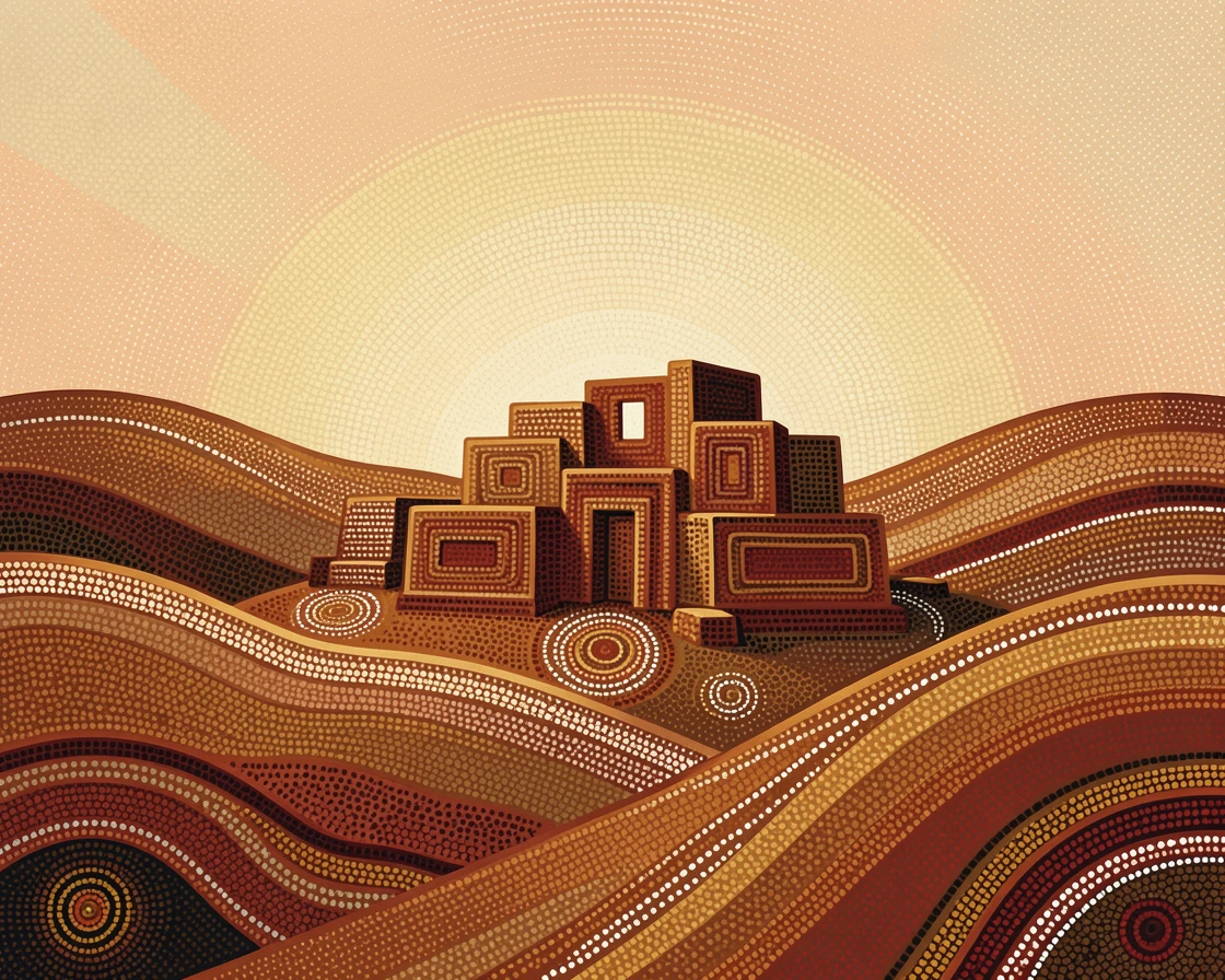 An ancient temple ruin bathed in morning light over rolling hills