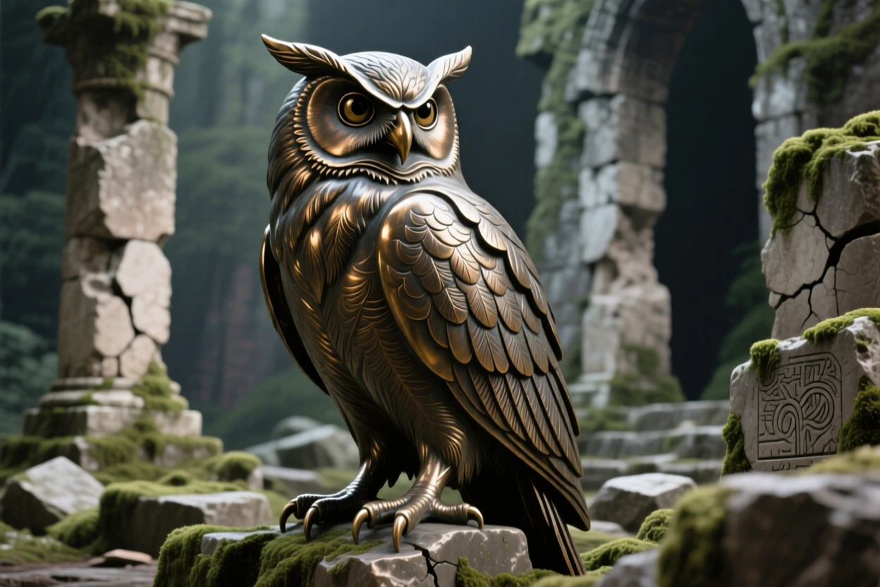 A great horned owl perched silently in ancient ruins, with elegant, flowing form, evoking wonder and majesty