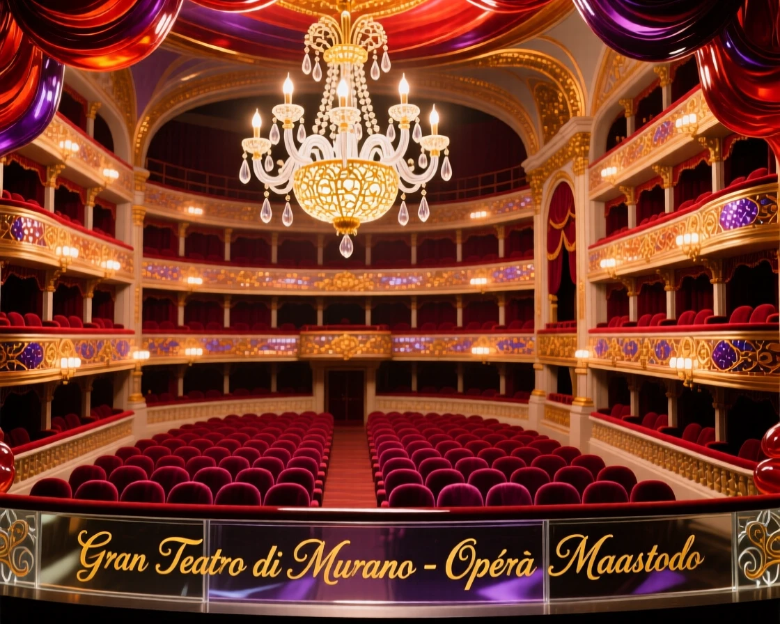 A grand opera house interior with velvet seats and a glowing chandelier, opulent and dramatic.